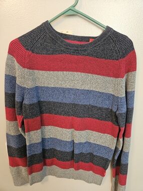 Izod Men's Red, Blue, Gray Striped Crewneck Sweater